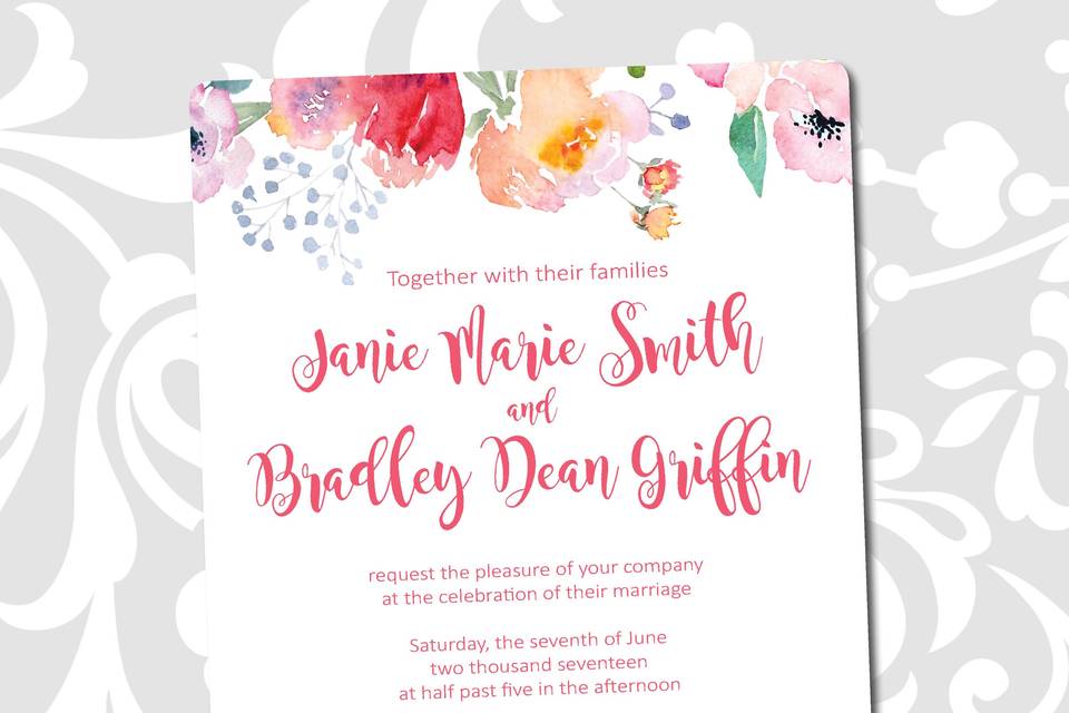 Complete wedding invitation suites - custom printed invitation cards, pocket folders, rsvp cards, envelopes, enclosures, belly bands, monograms squares, custom address printing.