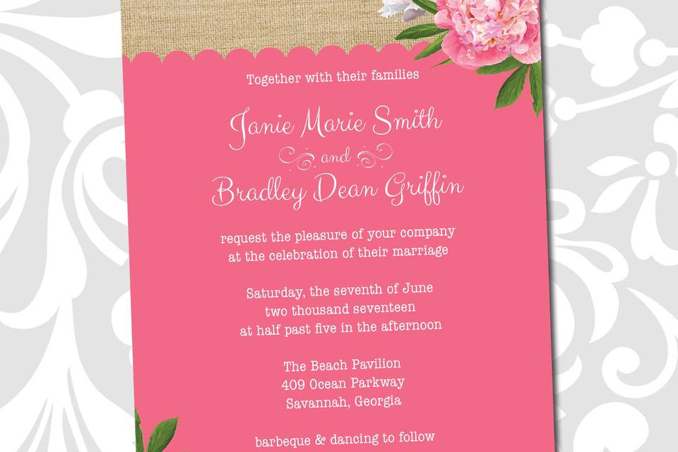 Complete wedding invitation suites - custom printed invitation cards, pocket folders, rsvp cards, envelopes, enclosures, belly bands, monograms squares, custom address printing.