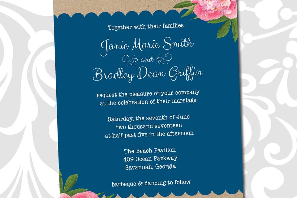 Complete wedding invitation suites - custom printed invitation cards, pocket folders, rsvp cards, envelopes, enclosures, belly bands, monograms squares, custom address printing.