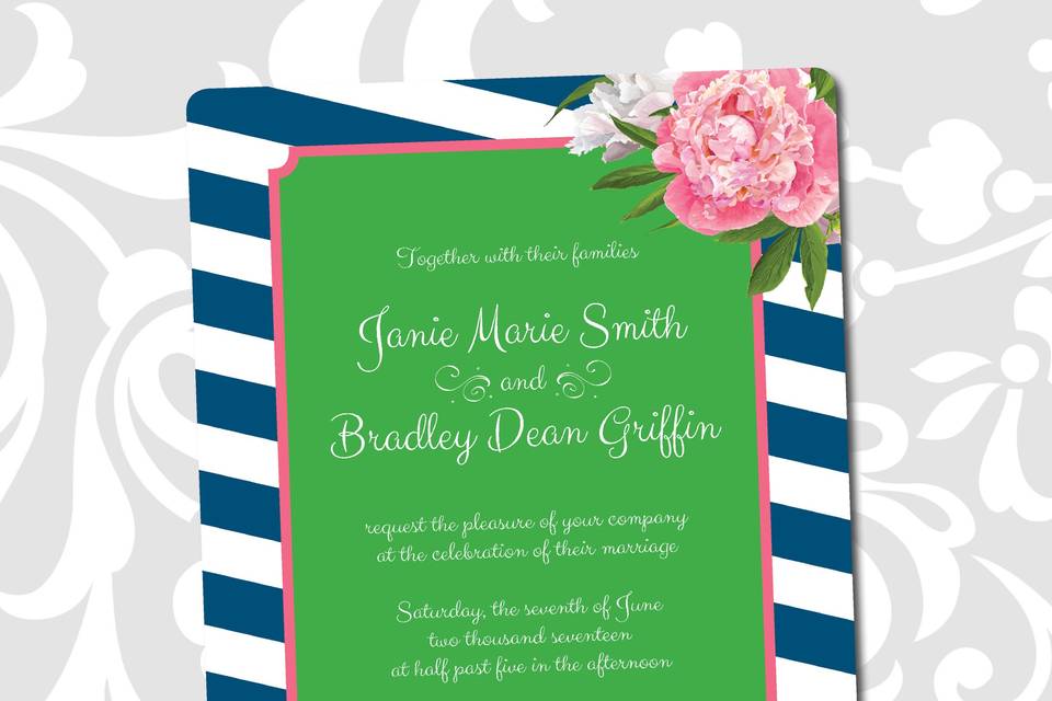 Complete wedding invitation suites - custom printed invitation cards, pocket folders, rsvp cards, envelopes, enclosures, belly bands, monograms squares, custom address printing.