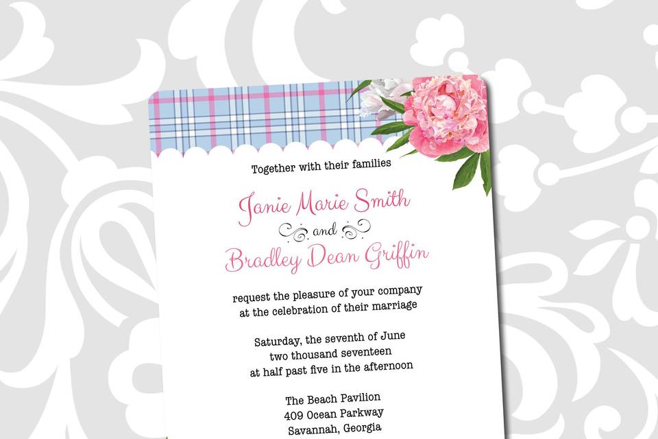 Complete wedding invitation suites - custom printed invitation cards, pocket folders, rsvp cards, envelopes, enclosures, belly bands, monograms squares, custom address printing.