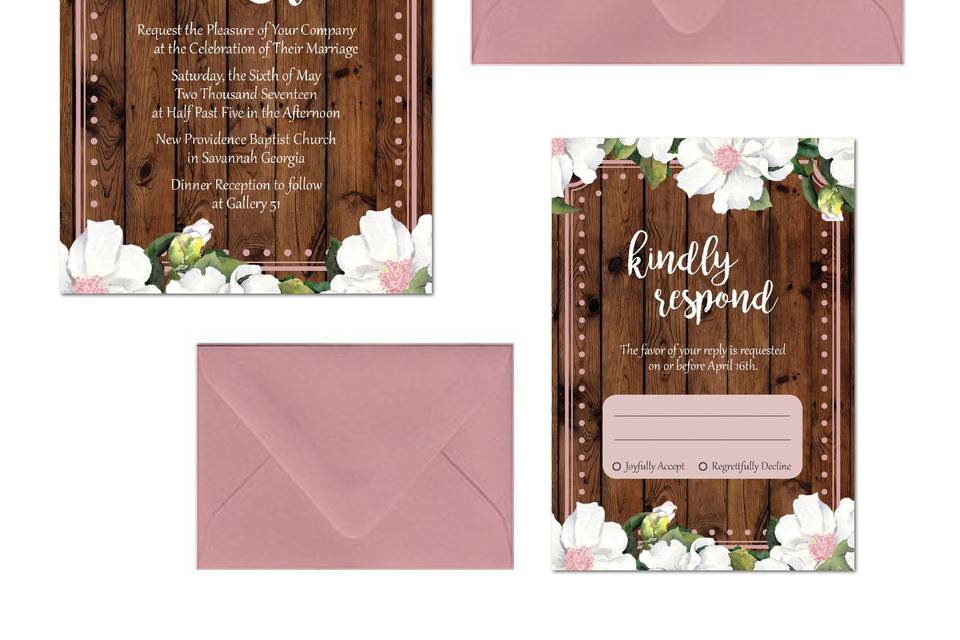 Complete wedding invitation suites - custom printed invitation cards, pocket folders, rsvp cards, envelopes, enclosures, belly bands, monograms squares, custom address printing.