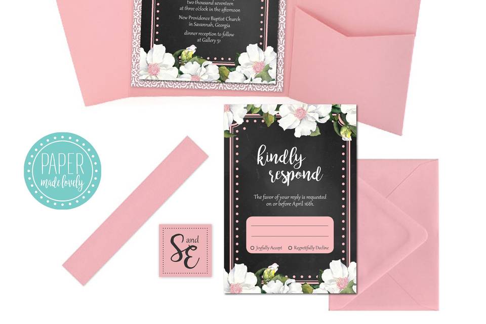 Complete wedding invitation suites - custom printed invitation cards, pocket folders, rsvp cards, envelopes, enclosures, belly bands, monograms squares, custom address printing.