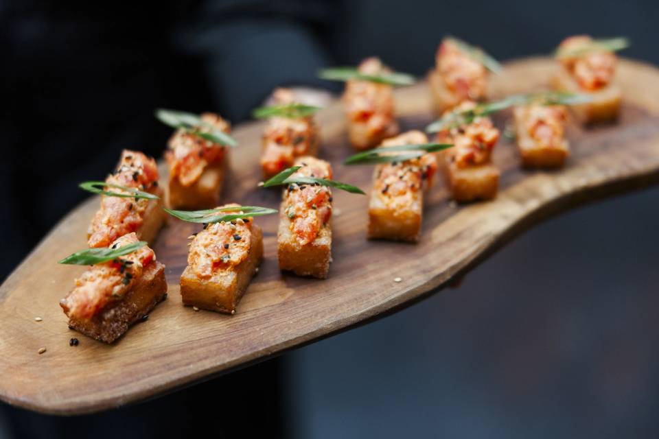 Salmon on crispy sushi rice