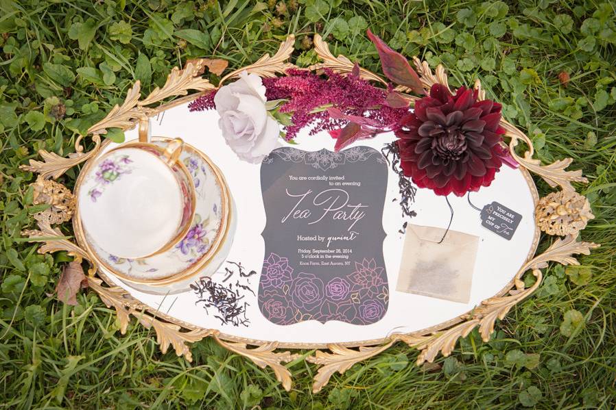 modern/vintage tea party shoot  Location - Knox Farm, East Aurora, NY Vintage rentals & Styling - quaint Photography - Carrie Callahan Photography, LLCFlorals - Costamagna Design Invite/Signage - Janeen Mears Painted Cookies - East Aurora Cookie Dresses & Accessories - Head Over Heels Hair - Ashley Carlson Makeup - Neisha Mua Loose Teas - Purr-fect Tea Models - Jaycie Schiener, Melissa Buckenmeyer, Madhurima Basu-Sajdak