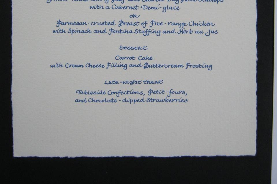 Finehand menu with custom monogram, printed on Fabriano watercolor paper