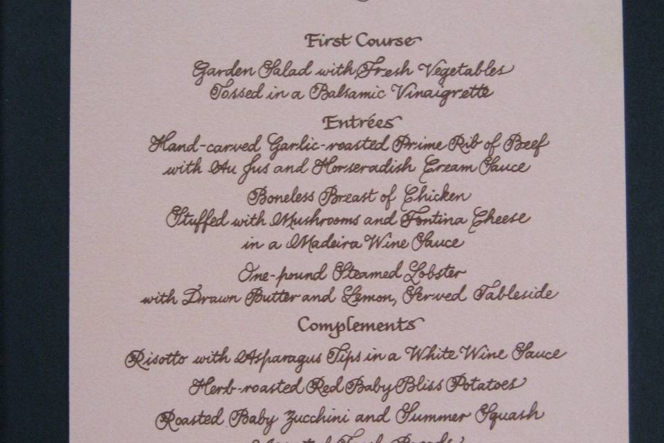 Copperplate menu with custom monogram