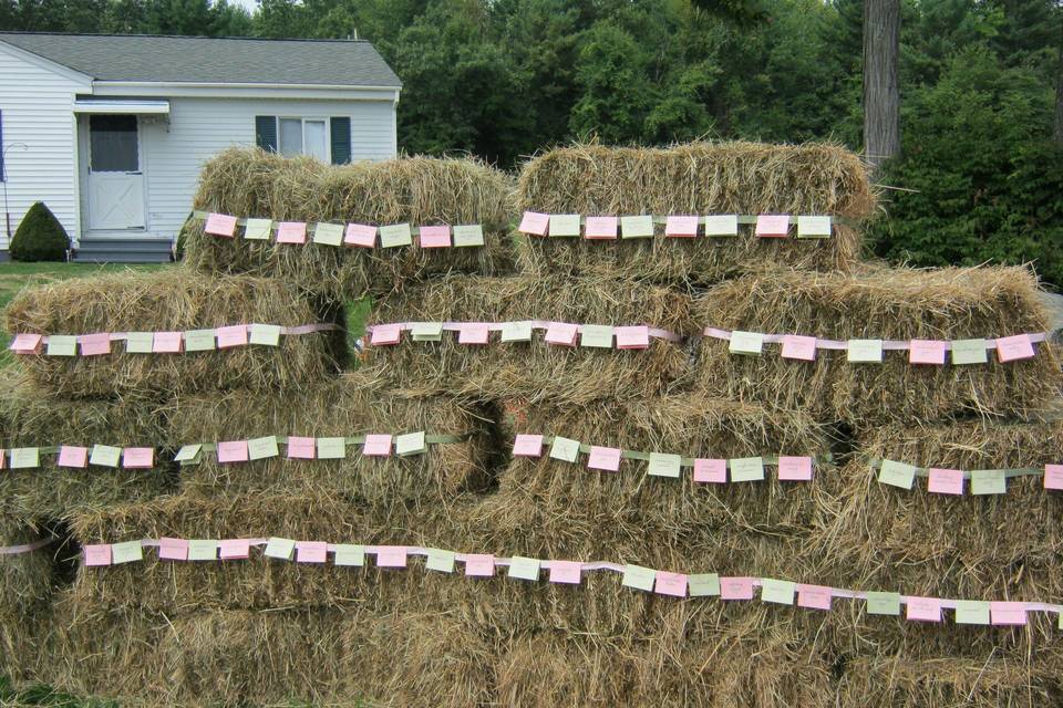 Escort cards on hay bales!