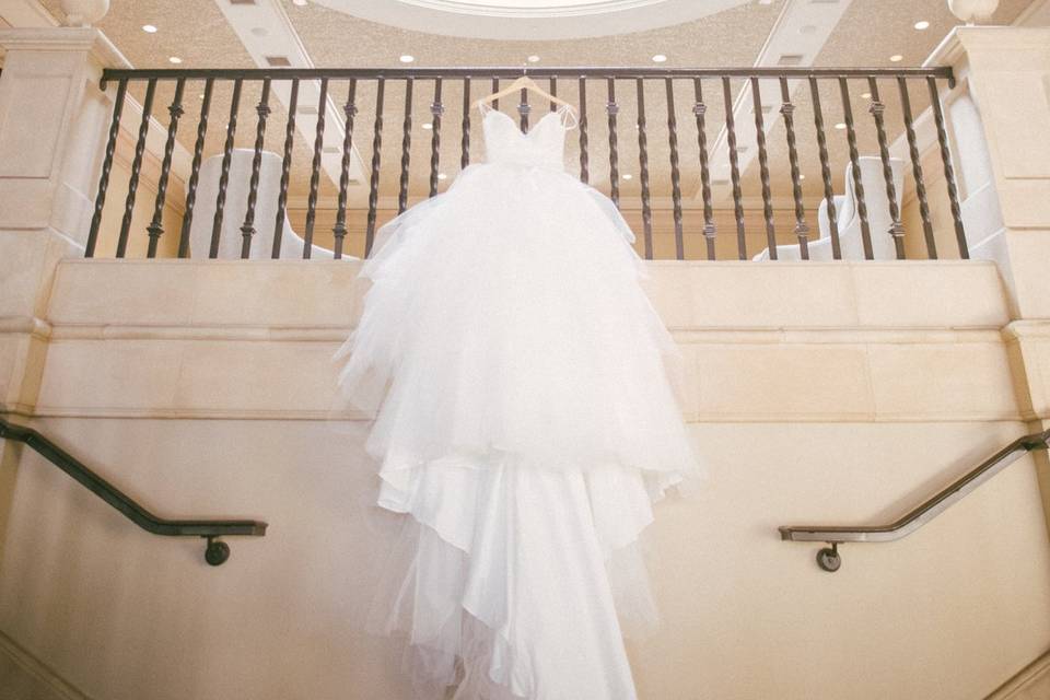 Dress hanging on staircase