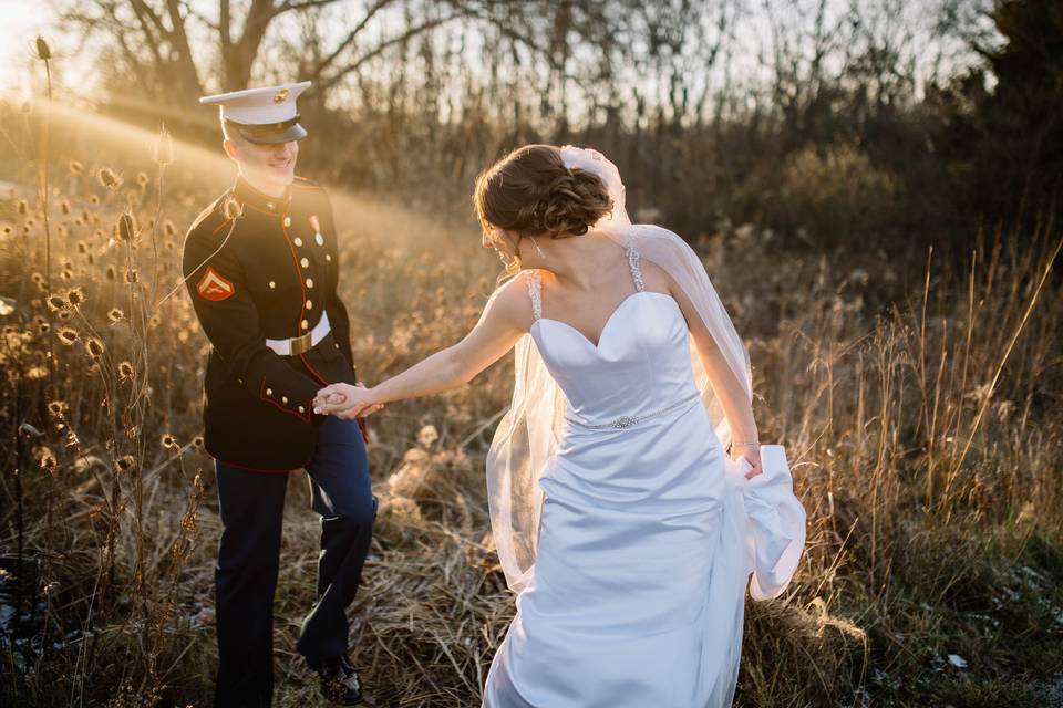 Groom in Dress Blues at Sunset
