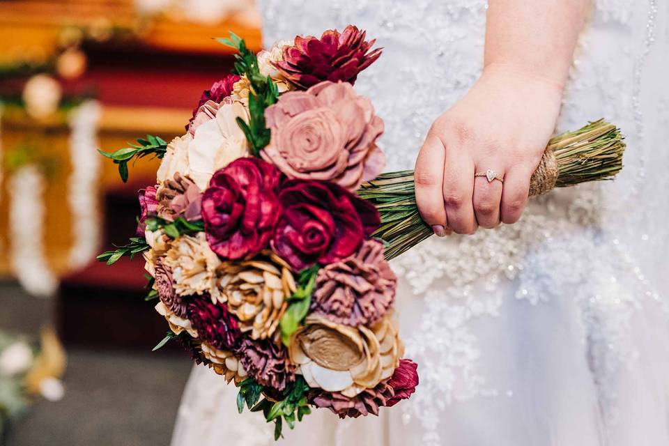 Close up of bride and bouquet