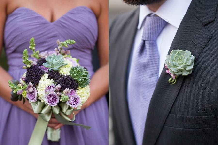 Purple and succulent bridesmaid bouquet and boutonniere. So full of texture!Photo by robertandkathleen.com