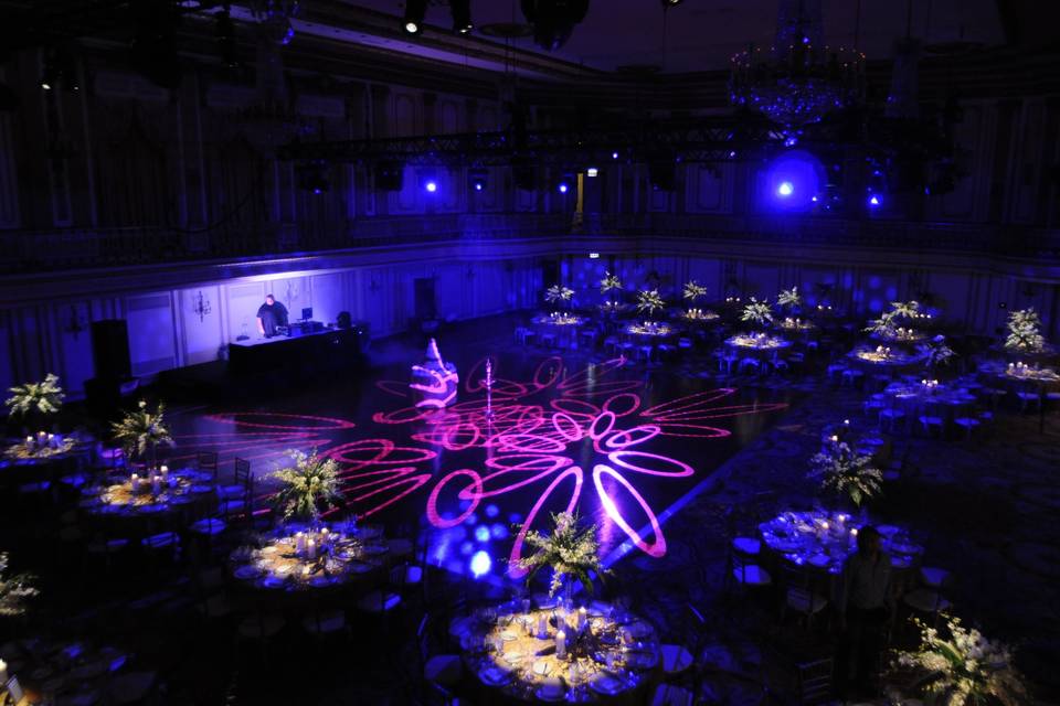 Custom Lighting Design by Boom Entertainment @The Palmer House Chicago (Grand Ballroom) - Pin spotting, Ceiling Wash, Floor Wash, Room Texture, Room Design, Event Planning & More!