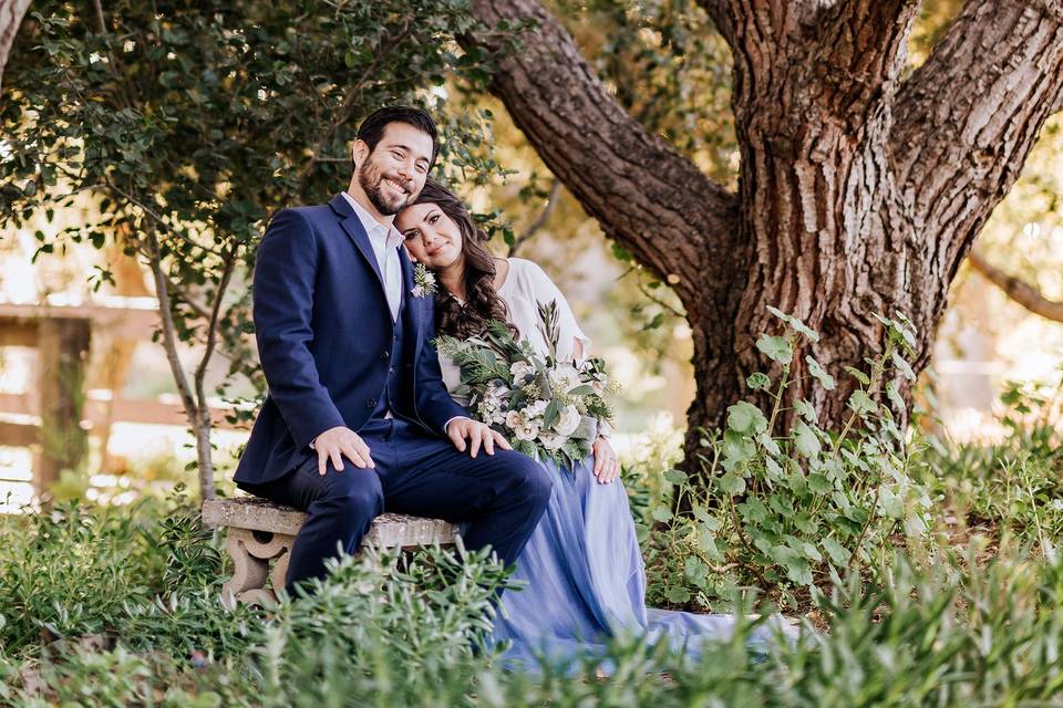 Newlyweds by the trees