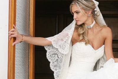 gorgeous bride in window