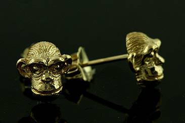 Design 14k Solid Yellow Gold Monkeys Chimpanzee Studs Earringshttp://www.orospot.com/product/e1020ypp/design-14k-solid-yellow-gold-monkeys-chimpanzee-studs-earrings.aspxSKU: E1020YPP $229.00These gorgeous monkeys are made of 14k yellow gold. Studs and push back earrings are 9 mm tall and 8 mm wide and weights approx 2g. Earrings are also available in pink/white gold and sterling silver.