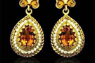 Victorian Style Amethyst Earrings 14K Yellow Goldhttp://www.orospot.com/product/e247ma/victorian-style-amethyst-earrings-14k-yellow-gold.aspxSKU: E247MA $399.00Victorian style oval amethyst (size 8 x 6 mm. approx 2.5ct) and oriental seed pearls strung on a gold wire, Earrings are 14mm tall and 12mm wide (6/10 x 5/10 inch) and made of 14k yellow gold.