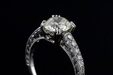 Vintage Style Engraved Platinum Old European Cut Cushion Diamond Engagement Ring Mountinghttp://www.orospot.com/product/r1035ven/vintage-style-engraved-platinum-old-european-cut-cushion-diamond-engagement-ring-mounting.aspxSKU: R1035VEN$1,999.00Vintage Style Engraved Platinum Old European Cut Diamond Engagement Ring This ring was pictured with 2Ct, old European cut, diamond. (center stone is not included with the price) Ring contains round cut, bead set diamonds (.12ct,G-VS quality), is milgrained on the edges and hand engraved on the sides. In our website you can pouches wedding band match exactly to this ring (Sku # B1035VEN) We can make this ring to fit you center stone or you can order center stone from our diamond inventory. Please allow 2- 3 weeks to complete this order.