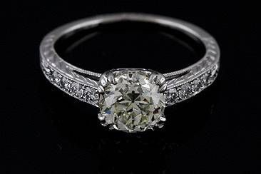 Vintage Style Engraved Platinum Old European Cut Cushion Diamond Engagement Ring Mountinghttp://www.orospot.com/product/r1035ven/vintage-style-engraved-platinum-old-european-cut-cushion-diamond-engagement-ring-mounting.aspxSKU: R1035VEN$1,999.00Vintage Style Engraved Platinum Old European Cut Diamond Engagement Ring This ring was pictured with 2Ct, old European cut, diamond. (center stone is not included with the price) Ring contains round cut, bead set diamonds (.12ct,G-VS quality), is milgrained on the edges and hand engraved on the sides. In our website you can pouches wedding band match exactly to this ring (Sku # B1035VEN) We can make this ring to fit you center stone or you can order center stone from our diamond inventory. Please allow 2- 3 weeks to complete this order.