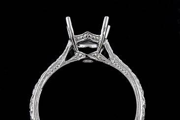 Vintage Style Engraved Solitaire 14K White Gold Engagement Ring Mountinghttp://www.orospot.com/product/r1086ven/vintage-style-engraved-solitaire-14k-white-gold-engagement-ring-mounting.aspxSKU: R1086VEN $399.00This 14k white gold ring mounting was created to accommodate round center stone from 7.5 to 8mm but can be created to fit any shape/size of the center stone. If you are interested in this mounting and have your own center stone, please contact us and provide the stone shape and measurements, we will create this ring just for your stone (for additional $300). Height of the shank is 1.1mm on the bottom and 1.5mm on the top (engraving section), the width is 2.6mm. Vintage style mounting is available in all finger sizes, please contact us for your size preference. Please allow 10 business days to complete the order.
