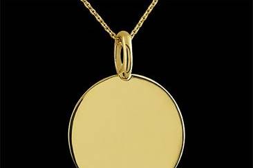 14K Solid Gold Engravable Disc Pendant Necklace 2mm Thickhttp://www.orospot.com/product/p1024wpp/14k-solid-gold-engravable-disc-pendant-necklace-2mm-thick.aspxSKU: P1024WPP $349.00This engravable disc is made of 14k white gold. Pendant is 14mm wide in diameter (6/10 inch) and 2mm thick. Solid gold necklace comes with 14k white gold chain (weights approx. 1.1g) and is also available in pink and yellow gold.
