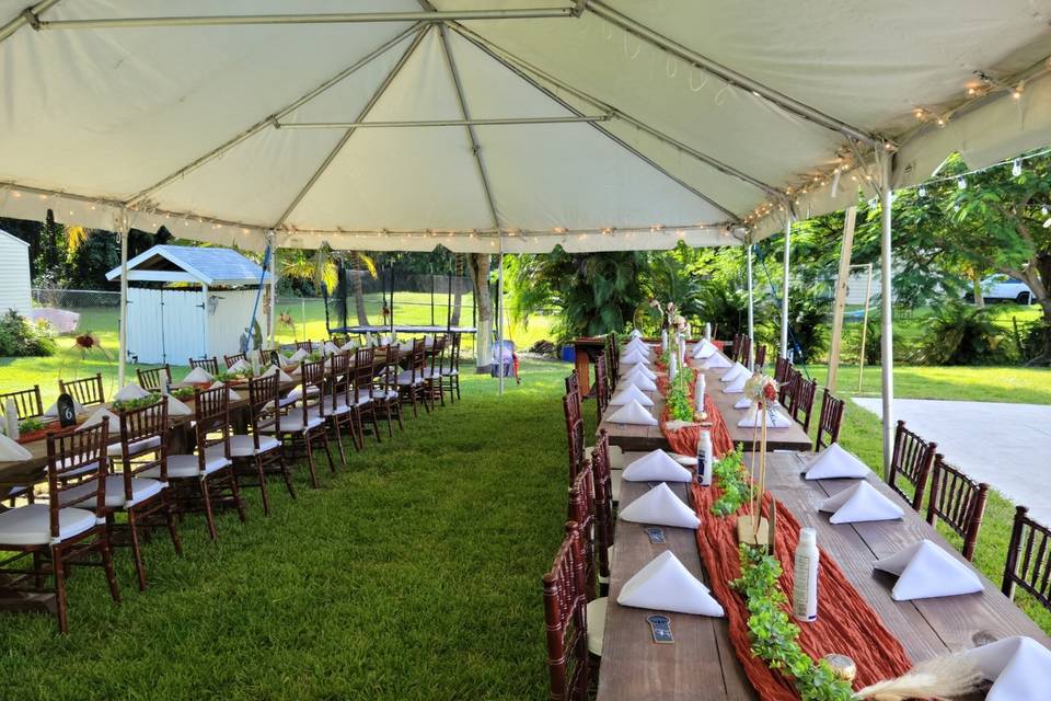 Tent, Farm Tables, & Chiavari