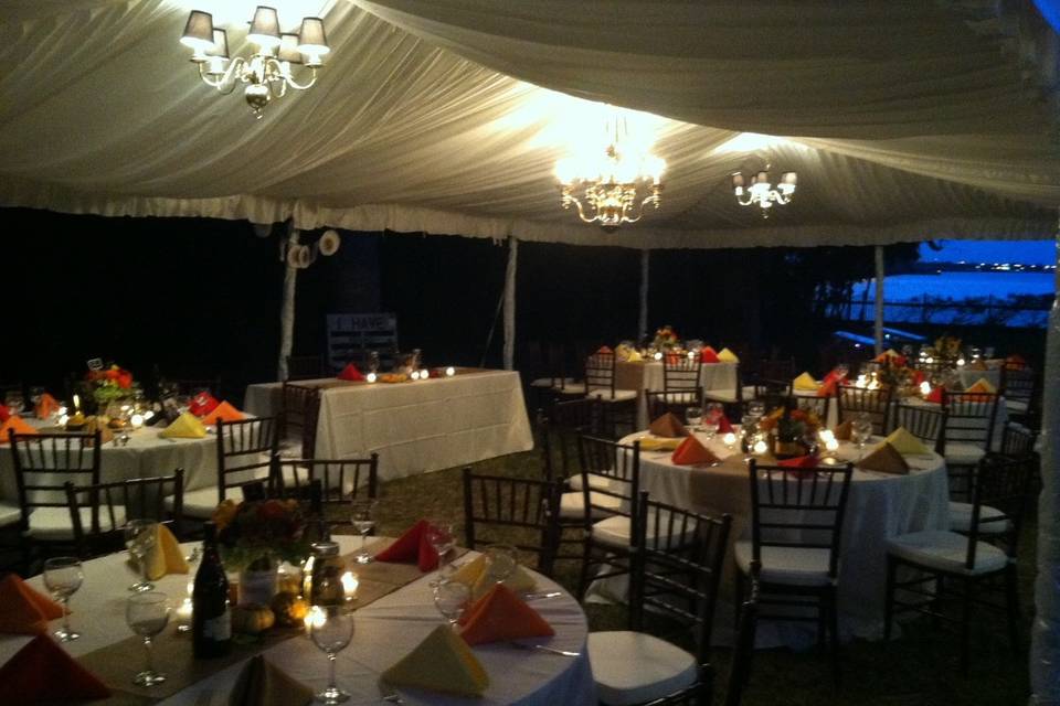 Tent with beautiful liner and chandeliersMahogany Chavari chair with White cushion