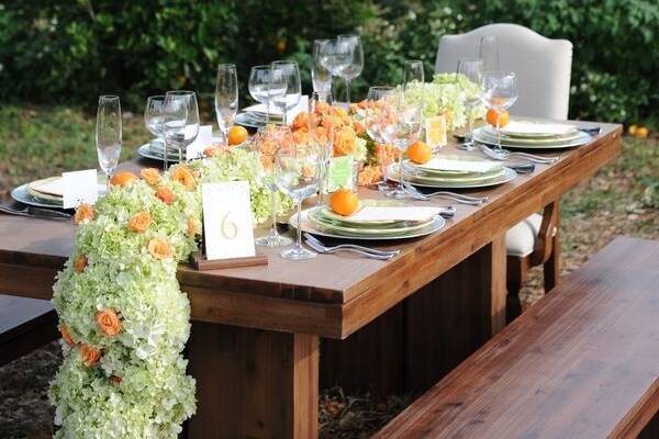 Outdoor wooden table setup
