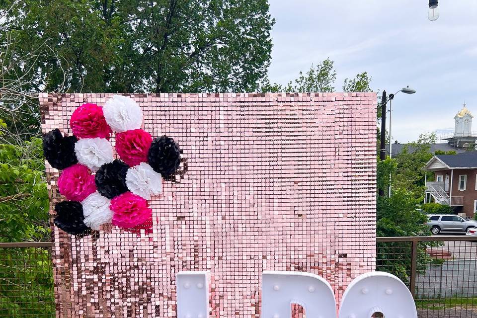 Sequin wall and marquee letters