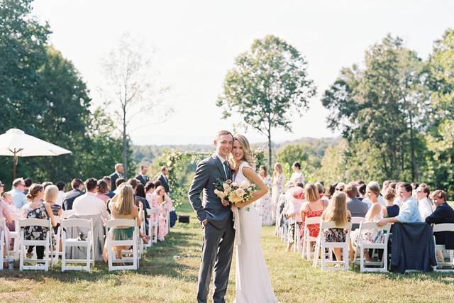 Newlyweds with bouquet