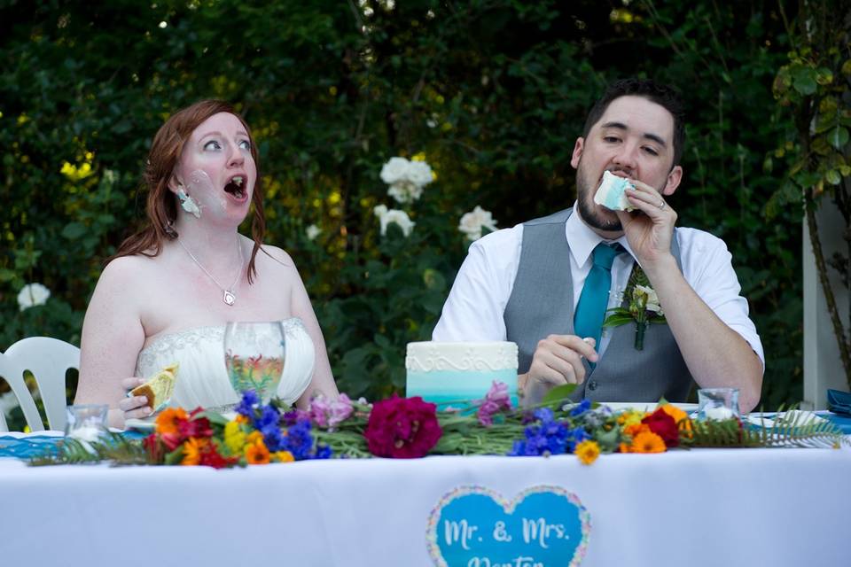 Bride and groom laughing