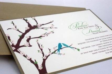Cherry Blossom Branches & Bird - Metallic layered wedding invitation with pink flowers and blue birds - Can also be made into coordinating save the date cards, place cards, thank you notes, menus, programs, favor tags, etc.