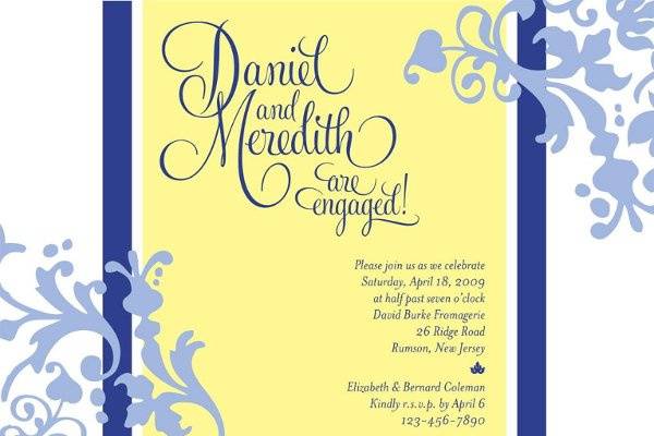 Blue & Yellow Damask Script Engagement party or bridal shower invitation - Can also be used for a wedding invitation, save the date card, thank you notes, place cards, favor tags, etc.
