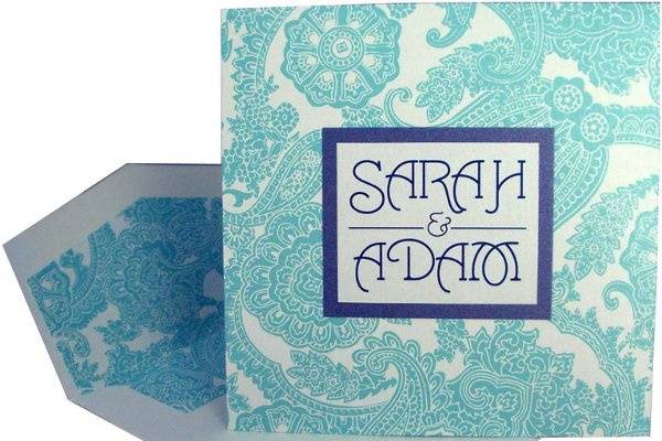 Aqua Blue Paisley Metallic Layered Pocketfold Wedding Invitation - Can also be made into coordinating save the date cards, place cards, thank you notes, menus, programs, favor tags, etc.