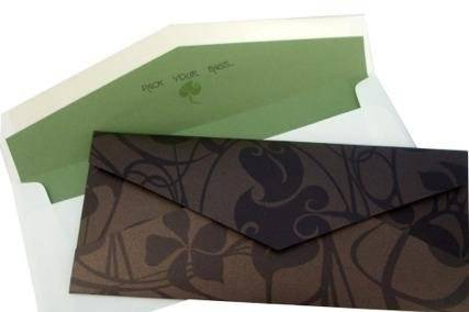 Nouveau Brown Green & Bronze Tropical Destination Wedding Invitation - Layered foldover folder, with printed envelope liner - Can also be made into coordinating save the date cards, place cards, thank you notes, menus, programs, favor tags, etc.