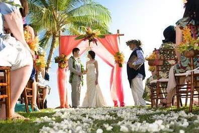 Reception Tables with hanging orchids and crystals