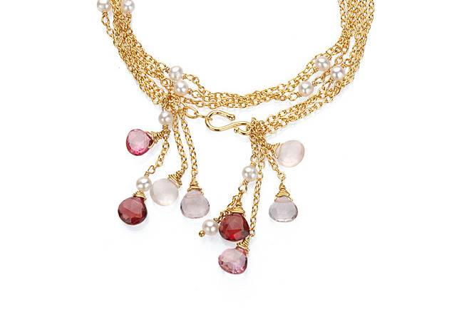 A delicate 18k vermeil chain dotted with freshwater pearls and your choice of stone drops hanging off the ends. Ultra feminine and playful.
Lobster clasp closure. Adjustable 20-21 inches, wraps 3x around wrist.
Handmade with lots of love in the USA.