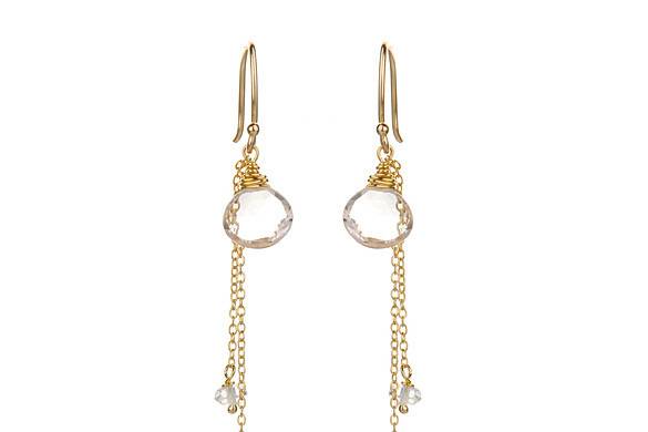 Amanda Rudey Vega Earrings ~ Two delicate strands hang beneath a heart shaped briolette. Available in white or gray pearl or any color gemstone you would like! Available in 18k vermeil, Sterling Silver or 14k Gold. 2 inches.