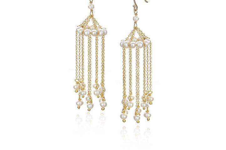 Amanda Rudey Windchime Earrings ~ Little stones and delicate chains form small wind chime-like chandelier earrings. Available in white or gray pearl or any color gemstone you would like! Available in 18k vermeil, Sterling Silver or 14k Gold.