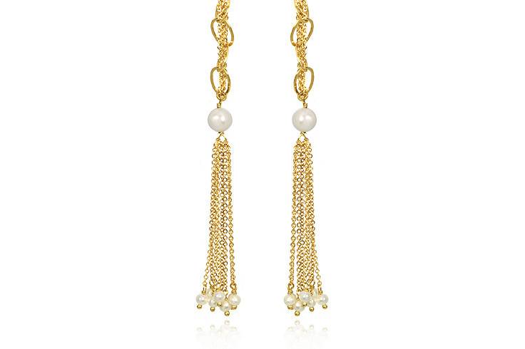 Amanda Rudey Goldmine Earrings ~ Delicate chains are woven through thickets chains and capped off with freshwater pearls. Available in white or gray pearl or any color gemstone you would like! Available in 18k vermeil, Sterling Silver or 14k Gold. 4.25 inches.