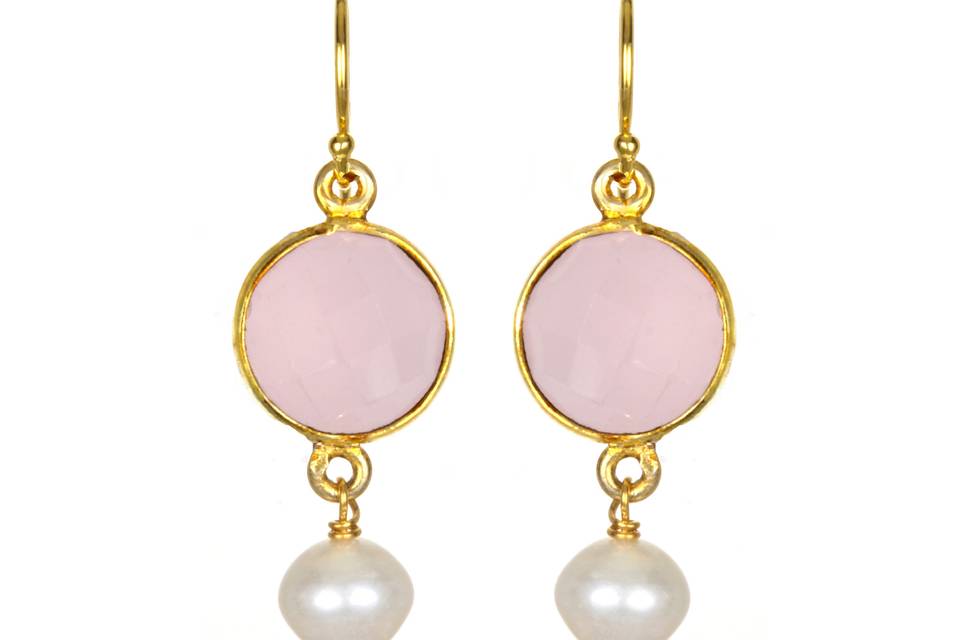 Amanda Rudey Peony Earrings ~ One round bezel stone with a freshwater pearl hanging beneath. Available in any color gemstone you would like! Available in 18k vermeil, Sterling Silver or 14k Gold. 1 inch.