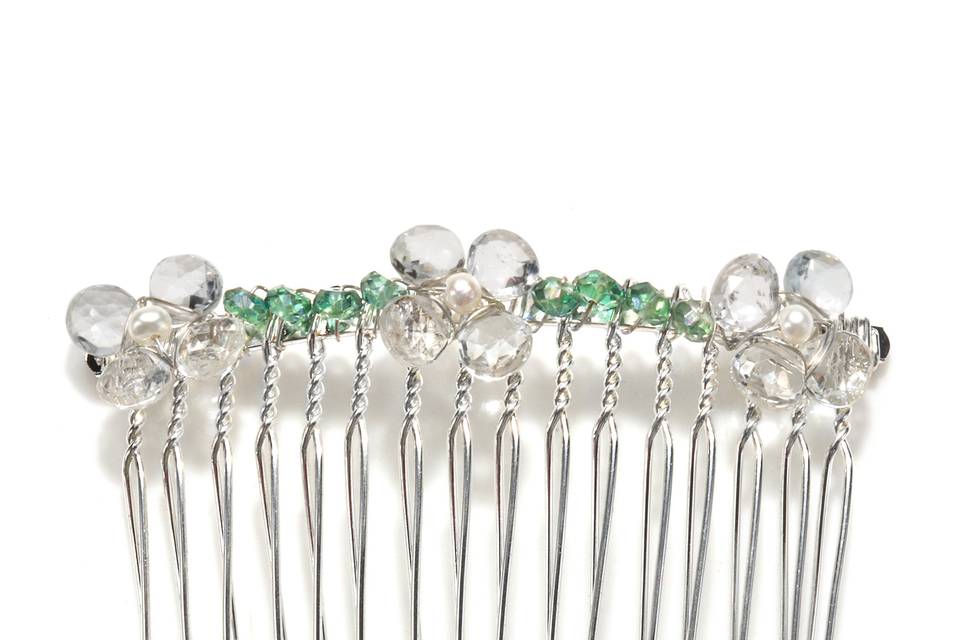 Amanda Rudey Daisy Chain Hair Comb ~ Three flowers made of little gemstones are woven across this hair comb. Available in white or gray pearl or any color gemstone you would like! Available in 18k vermeil, Sterling Silver or 14k Gold.