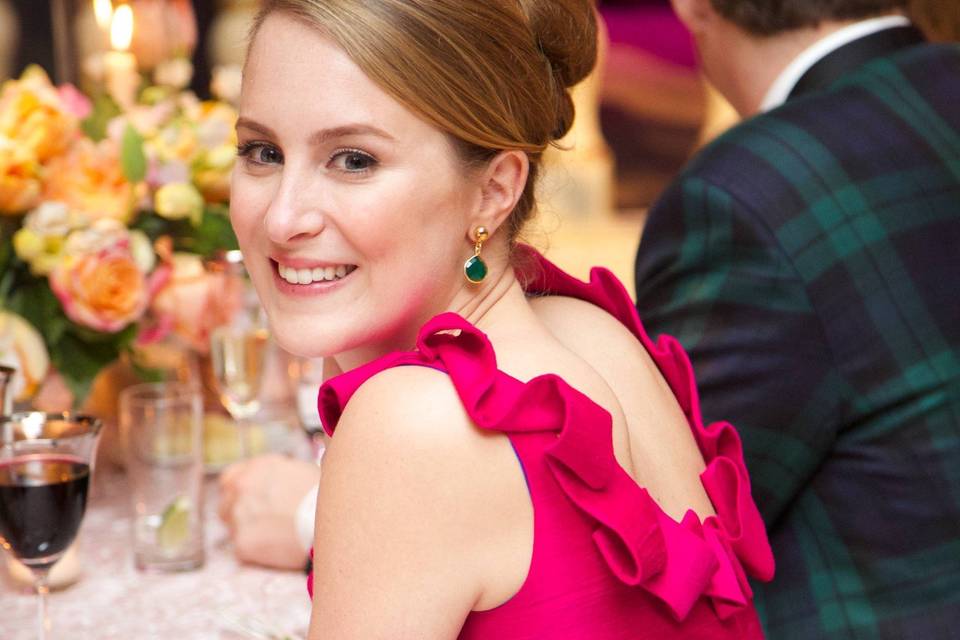 How pretty does real bridesmaid Janie look in her Amanda Rudey Violet Earrings and magenta dress!