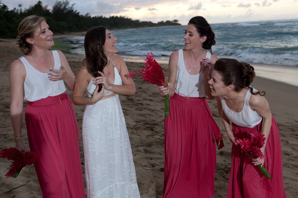 Isabel and her pretty bridesmaids having a ball on the beach in their custom necklaces and wrap bracelets!