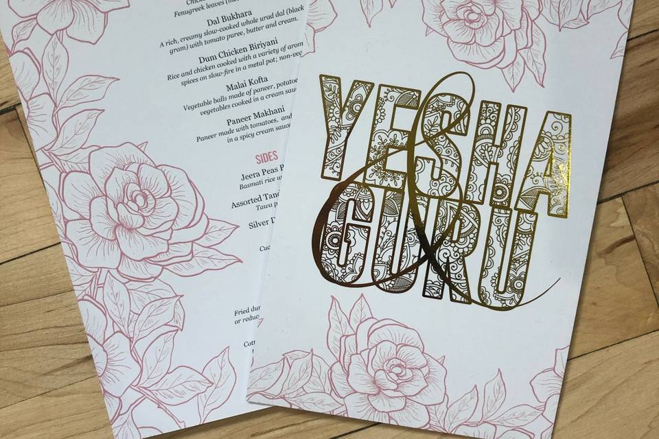 Dinner menus and gold foil