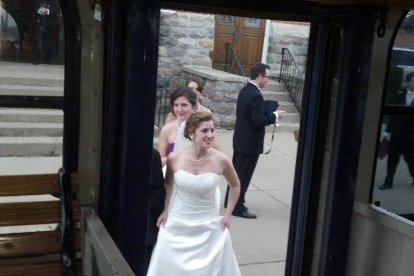 Newlyweds by the tram