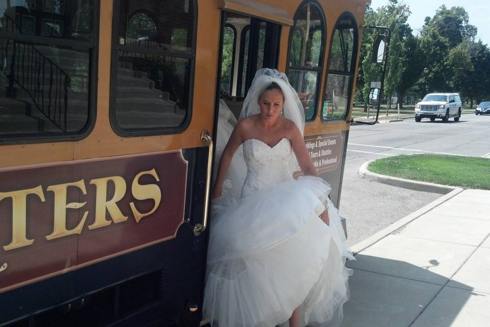 Bride going down the tram
