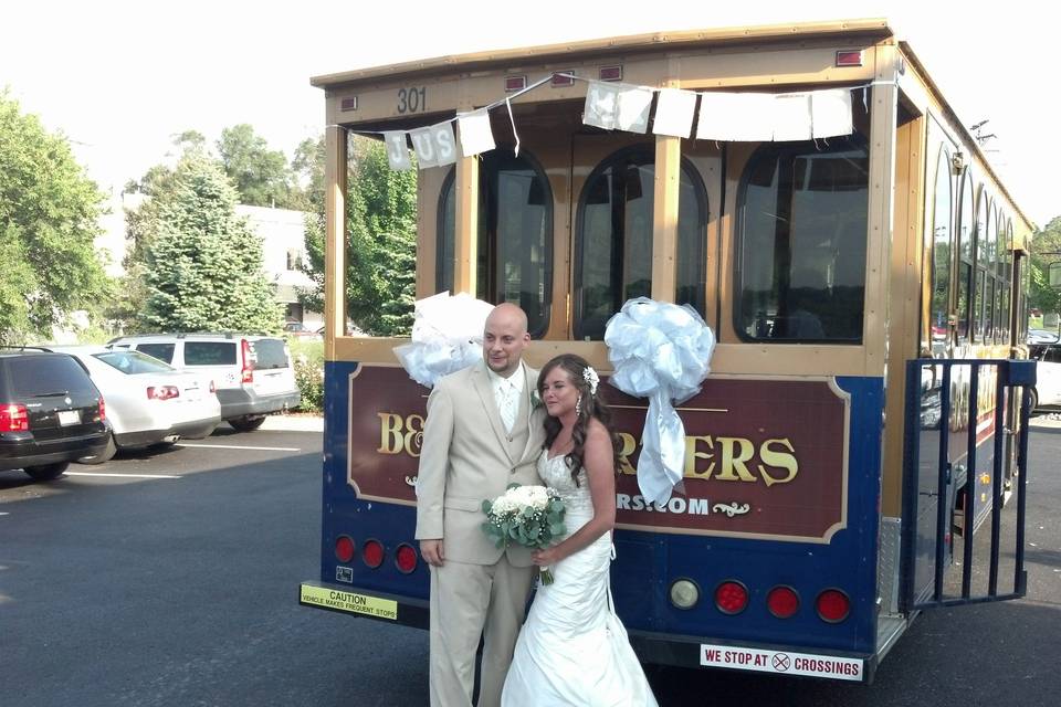 Newlyweds by the tram