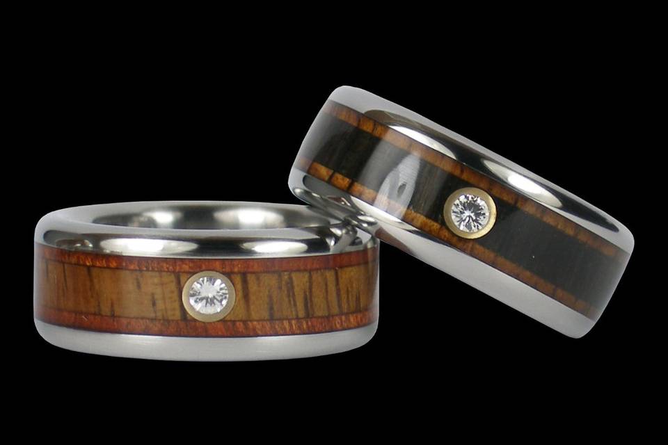 Hawaii Titanium Rings featuring Koa Wood, Black Wood, and Bloddwood embedded with VS cut Diamonds set in 14k Gold