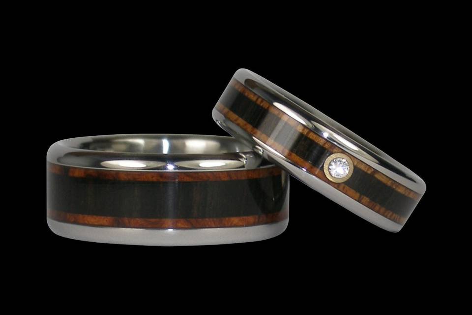 Australian Opal and Hawaiian Koa Wood Titanium Ring set a beautiful engagement ring or wedding ring set. Handmade original design by Hawaii Titanium Rings.